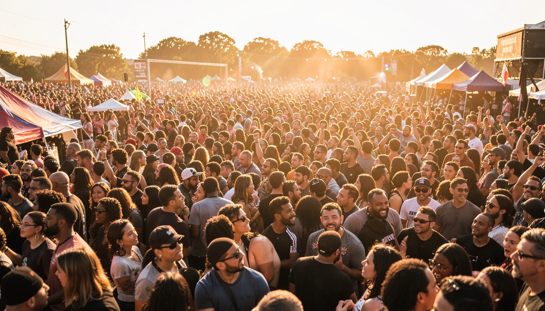 Crowd at an outdoor hip hop festival, golden hour sunlight, vibrant and lively atmosphere