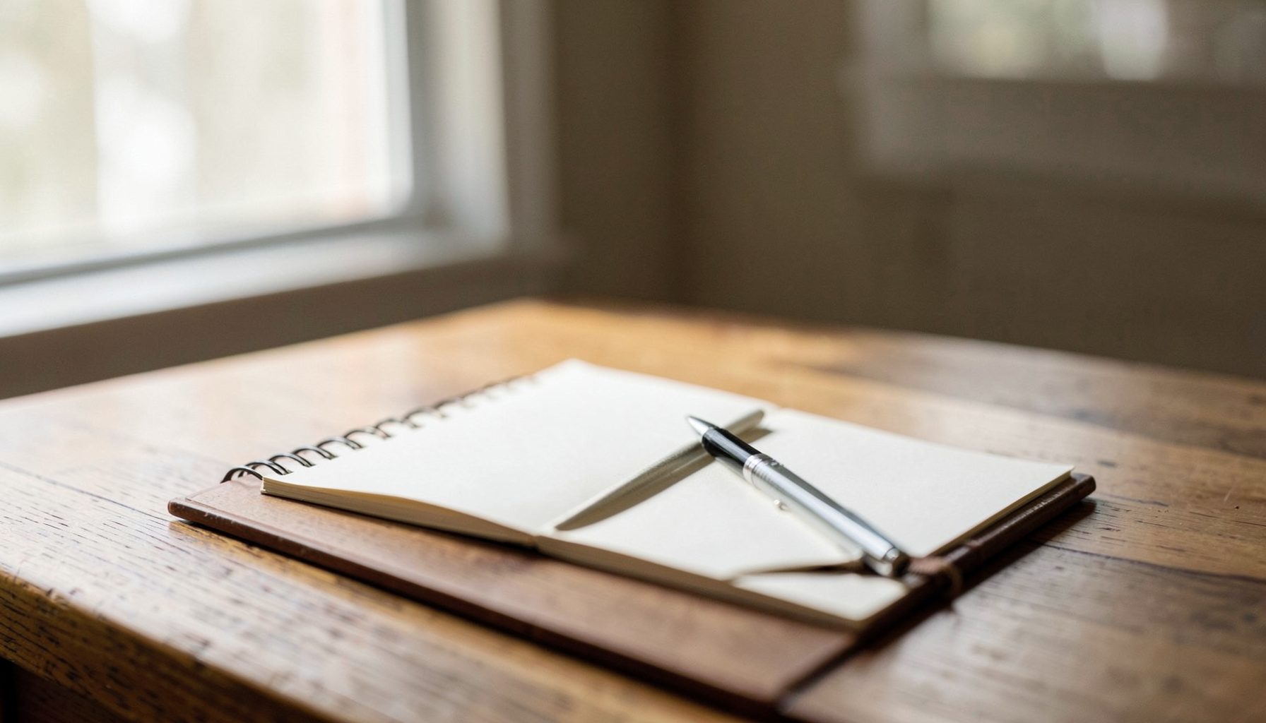 Notebook and pen on a wooden desk near a window, soft natural light, calm and reflective