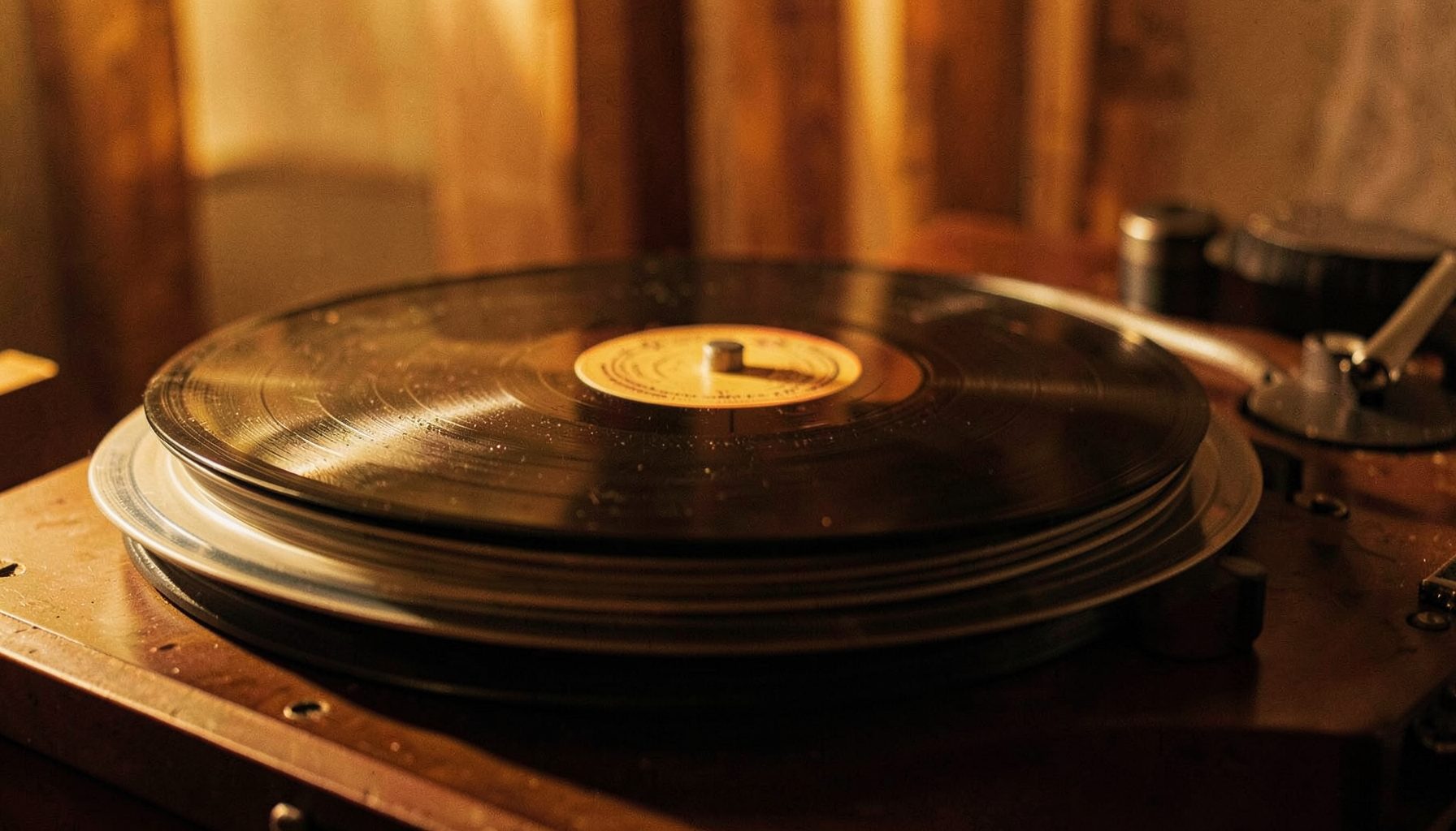 Vinyl records stacked on a turntable in warm golden light, nostalgic and textured