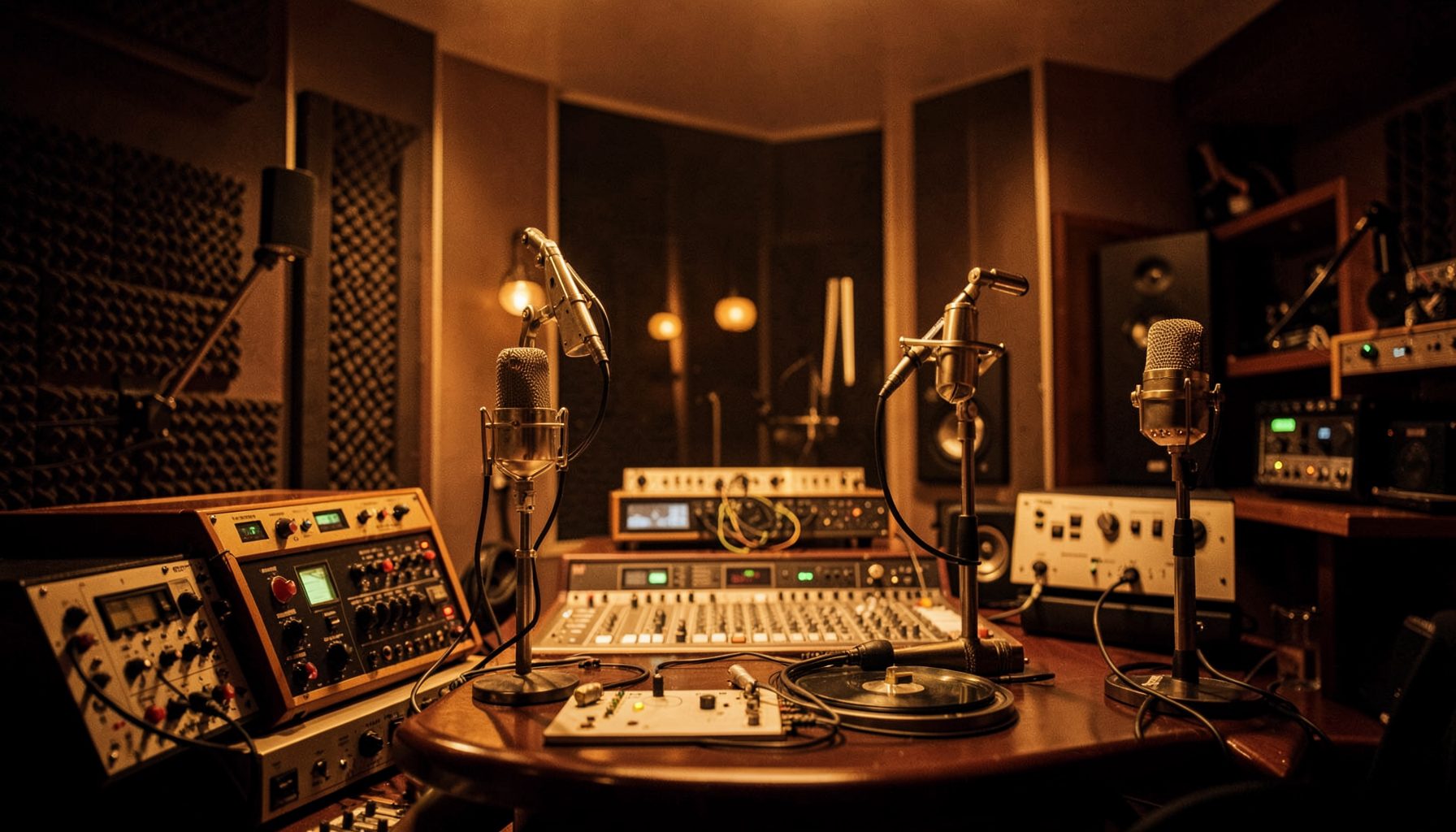Warm amber-lit recording studio interior with vintage microphones and analog equipment